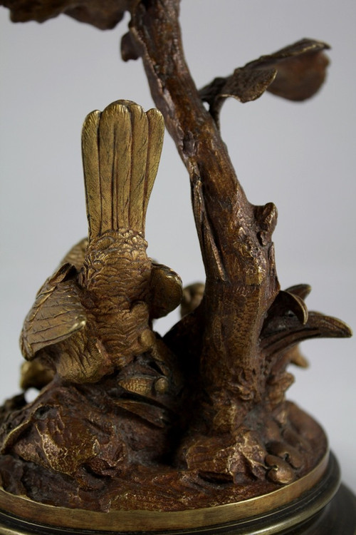 Bronze candle holder sculpture 'Perdix feeding his partridges' late 19th century