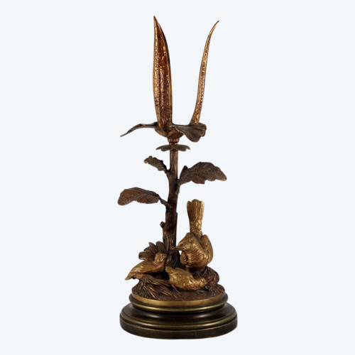 Bronze candle holder sculpture 'Perdix feeding his partridges' late 19th century