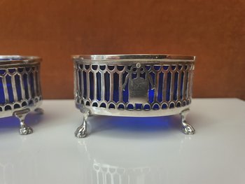 Pair Of Salt Shakers, Silver And Blue Glass, 1798-1809.