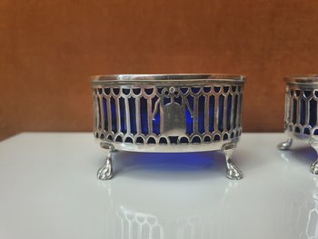 Pair Of Salt Shakers, Silver And Blue Glass, 1798-1809.