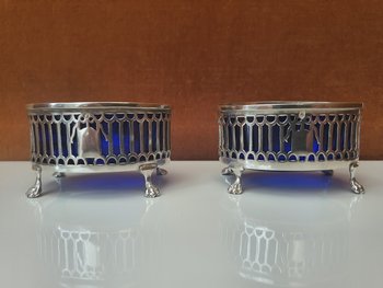 Pair Of Salt Shakers, Silver And Blue Glass, 1798-1809.