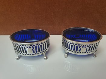 Pair Of Salt Shakers, Silver And Blue Glass, 1798-1809.