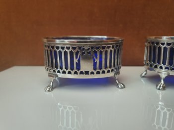 Pair Of Salt Shakers, Silver And Blue Glass, 1798-1809.