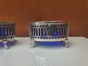 Pair Of Salt Shakers, Silver And Blue Glass, 1798-1809.