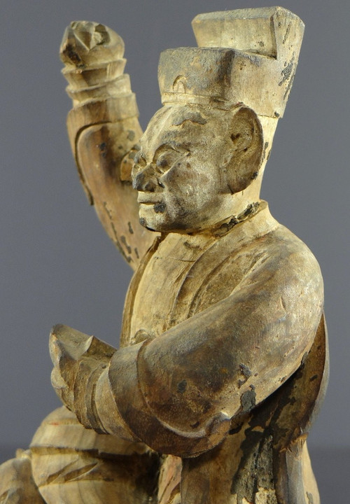 Chine, Début Du XIXème Siècle, Statue De Chao Kung Ming En Bois Sculpté.