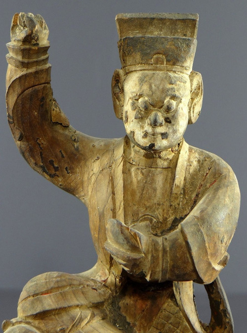 Chine, Début Du XIXème Siècle, Statue De Chao Kung Ming En Bois Sculpté.