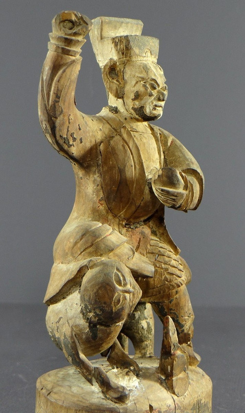 Chine, Début Du XIXème Siècle, Statue De Chao Kung Ming En Bois Sculpté.