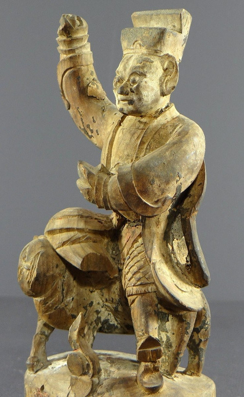 Chine, Début Du XIXème Siècle, Statue De Chao Kung Ming En Bois Sculpté.