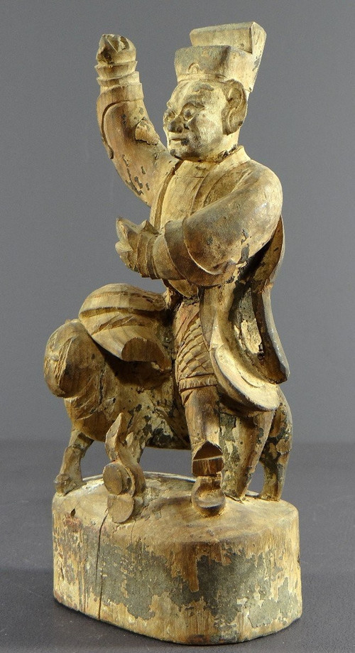 Chine, Début Du XIXème Siècle, Statue De Chao Kung Ming En Bois Sculpté.