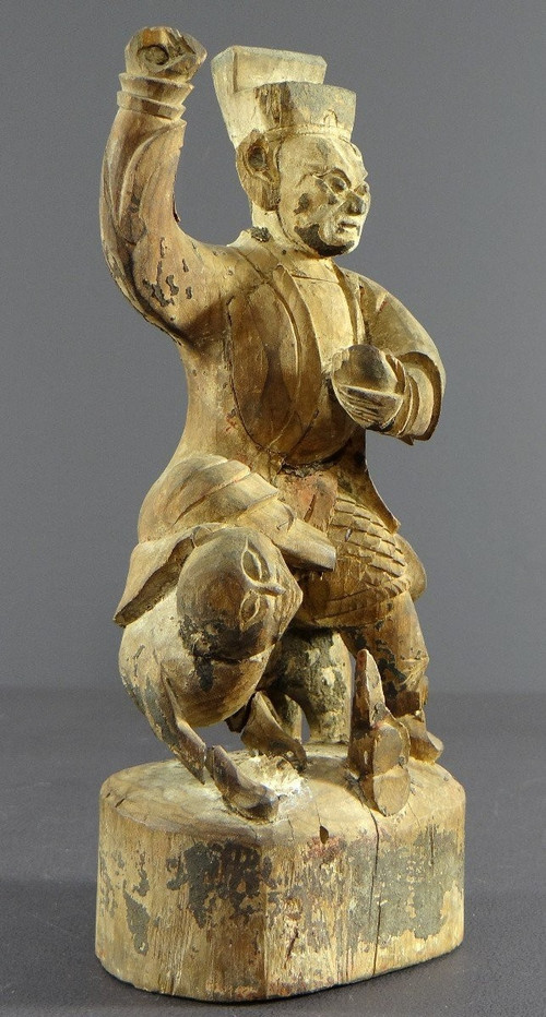 Chine, Début Du XIXème Siècle, Statue De Chao Kung Ming En Bois Sculpté.