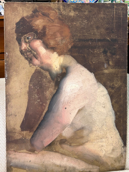 Curieuse étude De Nue - Peinture Sur Carton Fin XIXéme