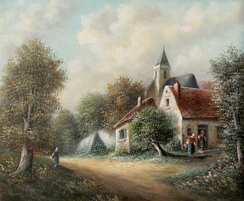  Painting 'Country village' signed Vallet - 19th century