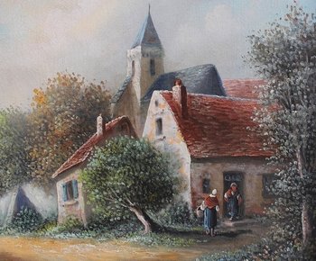  Painting 'Country village' signed Vallet - 19th century