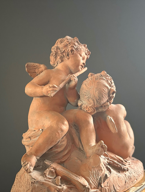 Scultura Amore Musicisti In Terracotta Epoca XIX Secolo