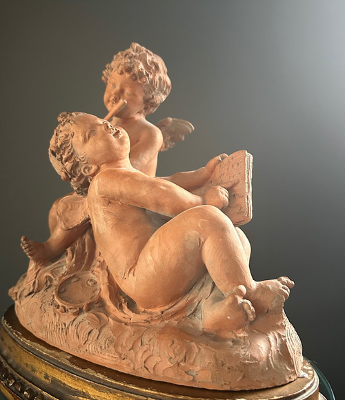 Scultura Amore Musicisti In Terracotta Epoca XIX Secolo