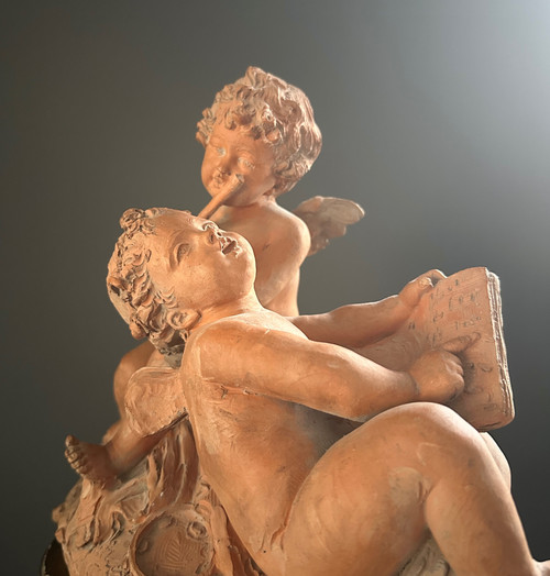 Scultura Amore Musicisti In Terracotta Epoca XIX Secolo