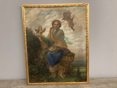 Antique large Art Nouveau Liberty painting 1930 "Peasant and Putti" painted in pastel 86 x 69 cm in 