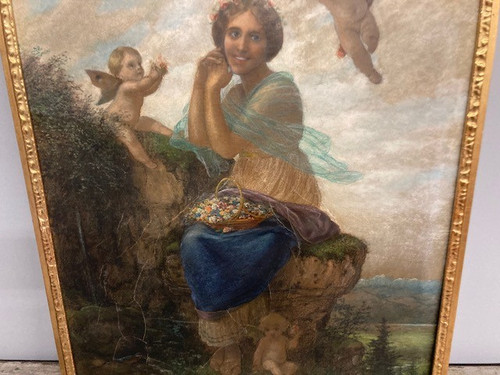 Antique large Art Nouveau Liberty painting 1930 "Peasant and Putti" painted in pastel 86 x 69 cm in 