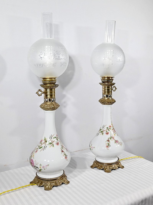 Pair of Electrified Oil Lamps, Napoleon III style - Mid 20th century