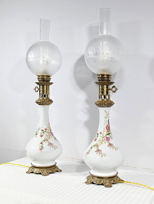 Pair of Electrified Oil Lamps, Napoleon III style - Mid 20th century