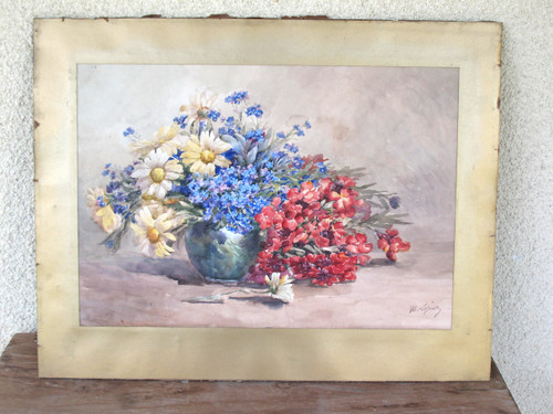 Watercolor bouquet of flowers in a vase signed by M. Lejour 19th century d : 71 x 57 cm