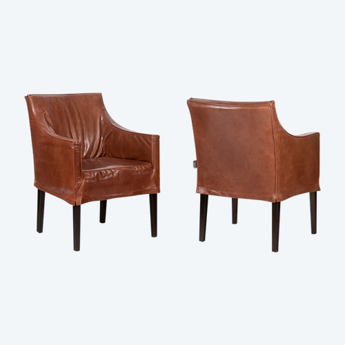 Lintello. Pair of camel leather armchairs. 1970s.