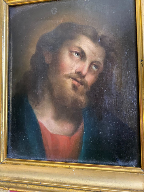 Beau portrait du Christ au beau regard , peinture huile/toile de sensibilité d'époque Louis Philippe