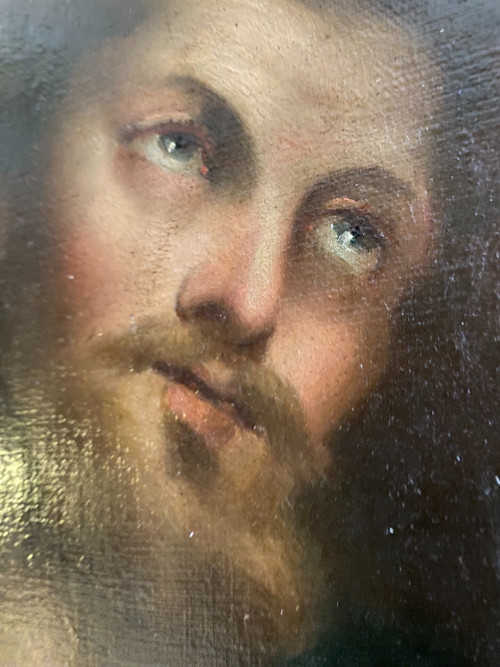 Beau portrait du Christ au beau regard , peinture huile/toile de sensibilité d'époque Louis Philippe