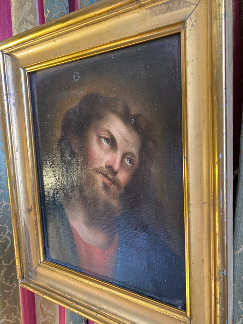 Beau portrait du Christ au beau regard , peinture huile/toile de sensibilité d'époque Louis Philippe