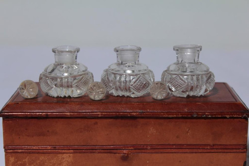 Leather box with 3 so-called “scent” crystal bottles from the 19th century