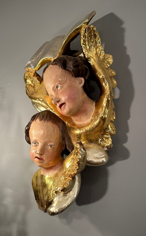 Cherubs In Polychrome Carved Wood From The 18th Century