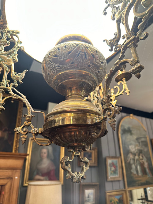 Lampada a sospensione in opalina e bronzo del periodo di Napoleone III