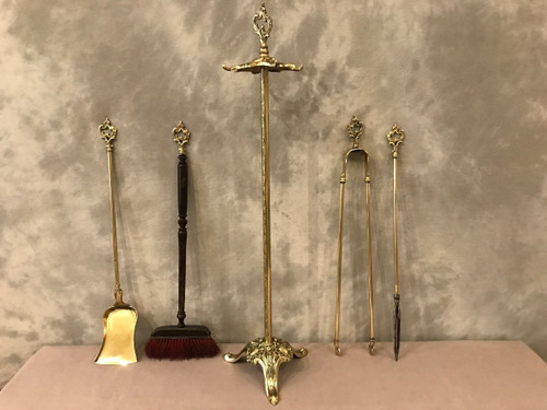 19th century brass and bronze fireplace set with 4 pieces