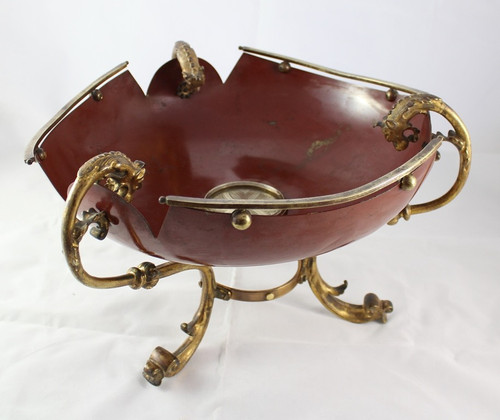 Red lacquered sheet metal scalloped bowl with ormolu tripod mount 19th century period