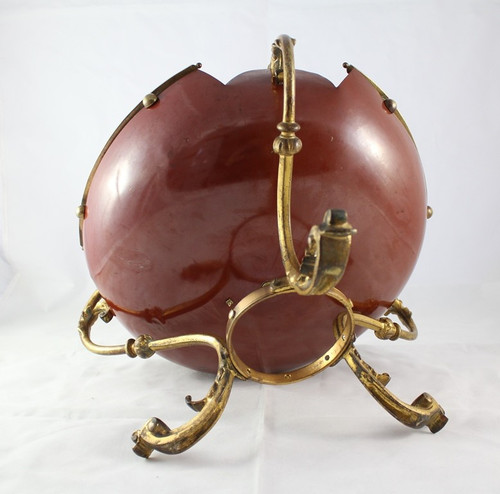 Red lacquered sheet metal scalloped bowl with ormolu tripod mount 19th century period