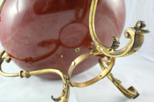 Red lacquered sheet metal scalloped bowl with ormolu tripod mount 19th century period