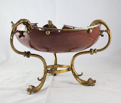 Red lacquered sheet metal scalloped bowl with ormolu tripod mount 19th century period