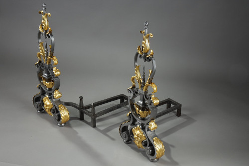 PAIR OF WROUGHT IRON LANDIERS (ANDIRONS), LATE 19TH CENTURY