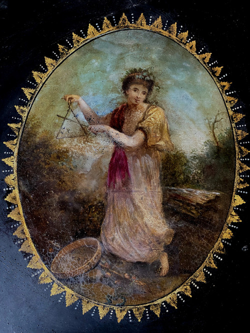 Exceptional large Napoleon III tray, oval painted sheet metal, decorated with gilded friezes and a painted scene.