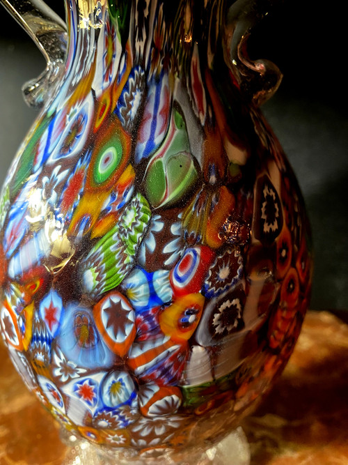 Vase col Murano millefiori de Murano à anses des Années "60" aux riches et divers couleurs