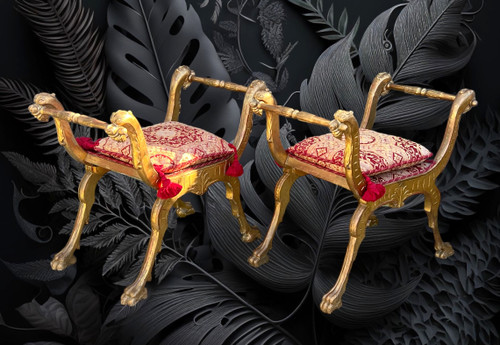 PAIR OF 19th CENTURY ITALIAN CURLE TABOURETS IN GILDED AND SCULPTTED WOOD WITH CUSHIONS