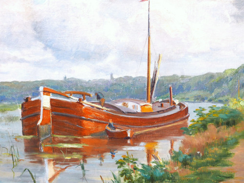 Charles Joseph Victor WISLIN, Bord de rivière animé avec un bateau (la Somme ?)