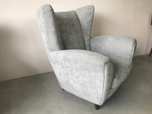 Pair of Italian armchairs in the style of Jean Royère in pearl gray velvet.