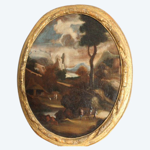 Antico olio su tela Ovale in cornice coeva. Paesaggio  scuola italiana XVIII sec . Mis 78 x 63 