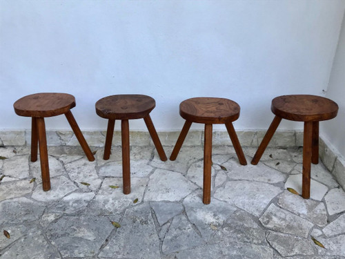 Set of 4 brutalist stools in solid elm, circa 1970.