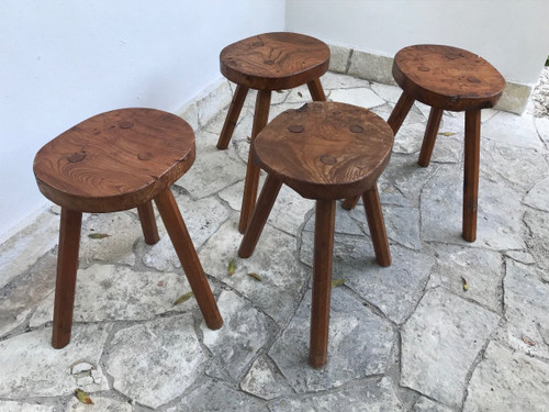 Set of 4 brutalist stools in solid elm, circa 1970.