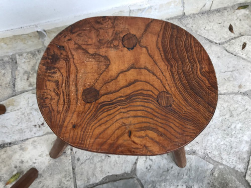 Set of 4 brutalist stools in solid elm, circa 1970.