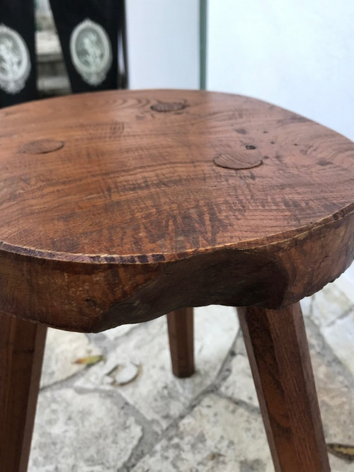 Set of 4 brutalist stools in solid elm, circa 1970.