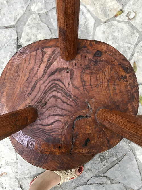 Set of 4 brutalist stools in solid elm, circa 1970.