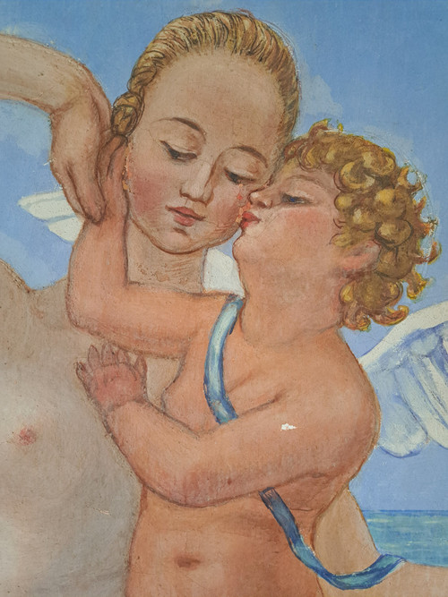 Gaëtan Dumas, Venus And Cupid, Tempera On Canvas, Early 20th Century.